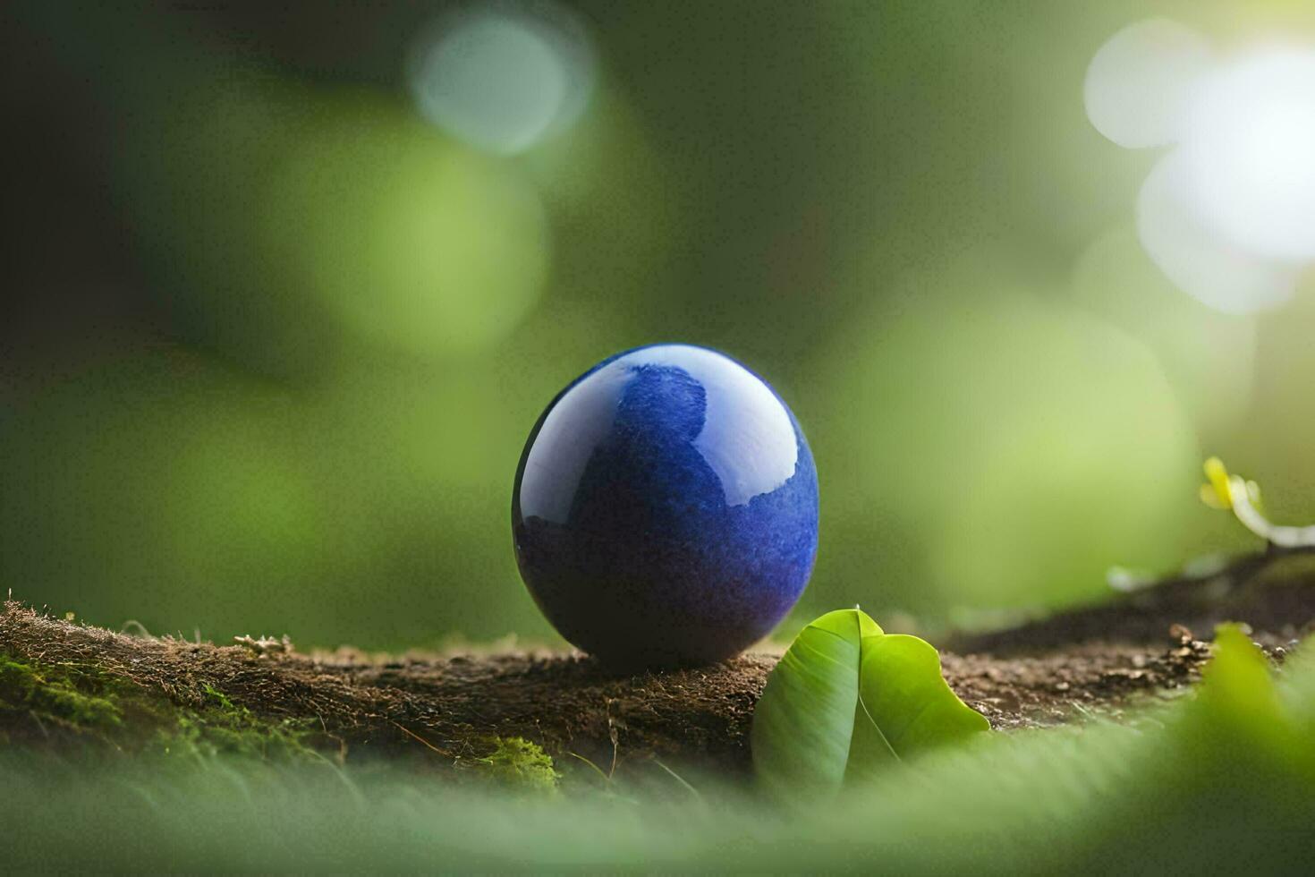 a blue egg sitting on a branch in the forest. AI-Generated photo