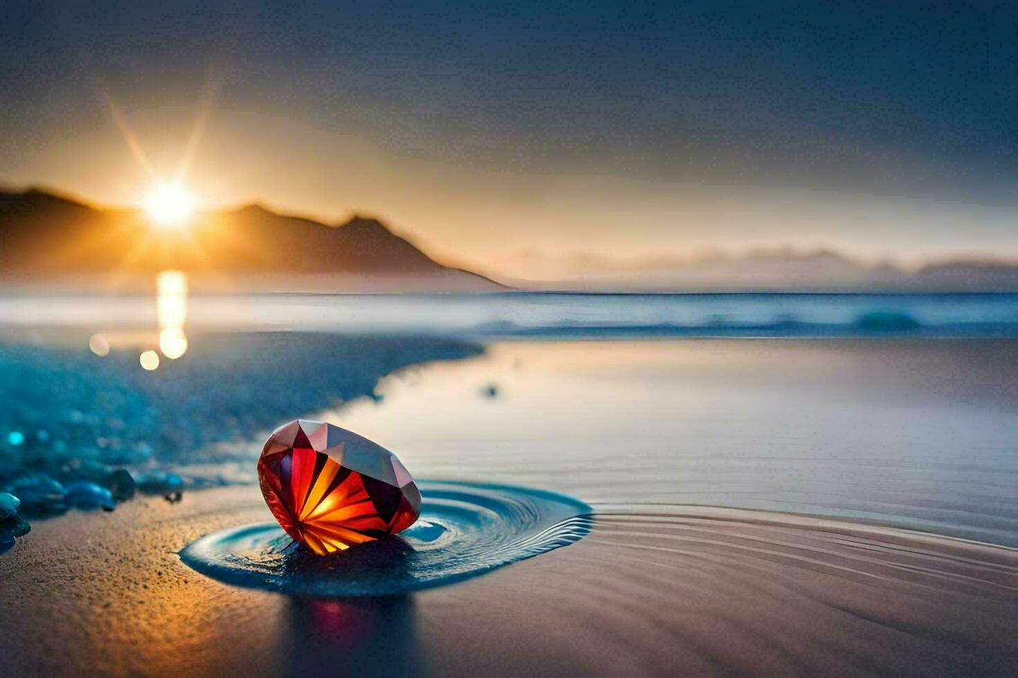 a red diamond on the beach at sunset. AI-Generated photo