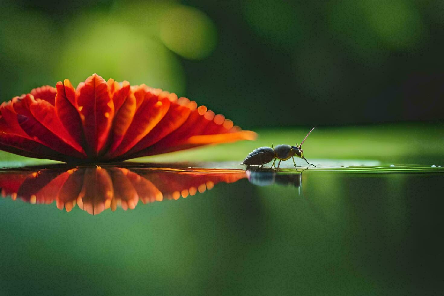 a bug on a flower in the water. AI-Generated photo