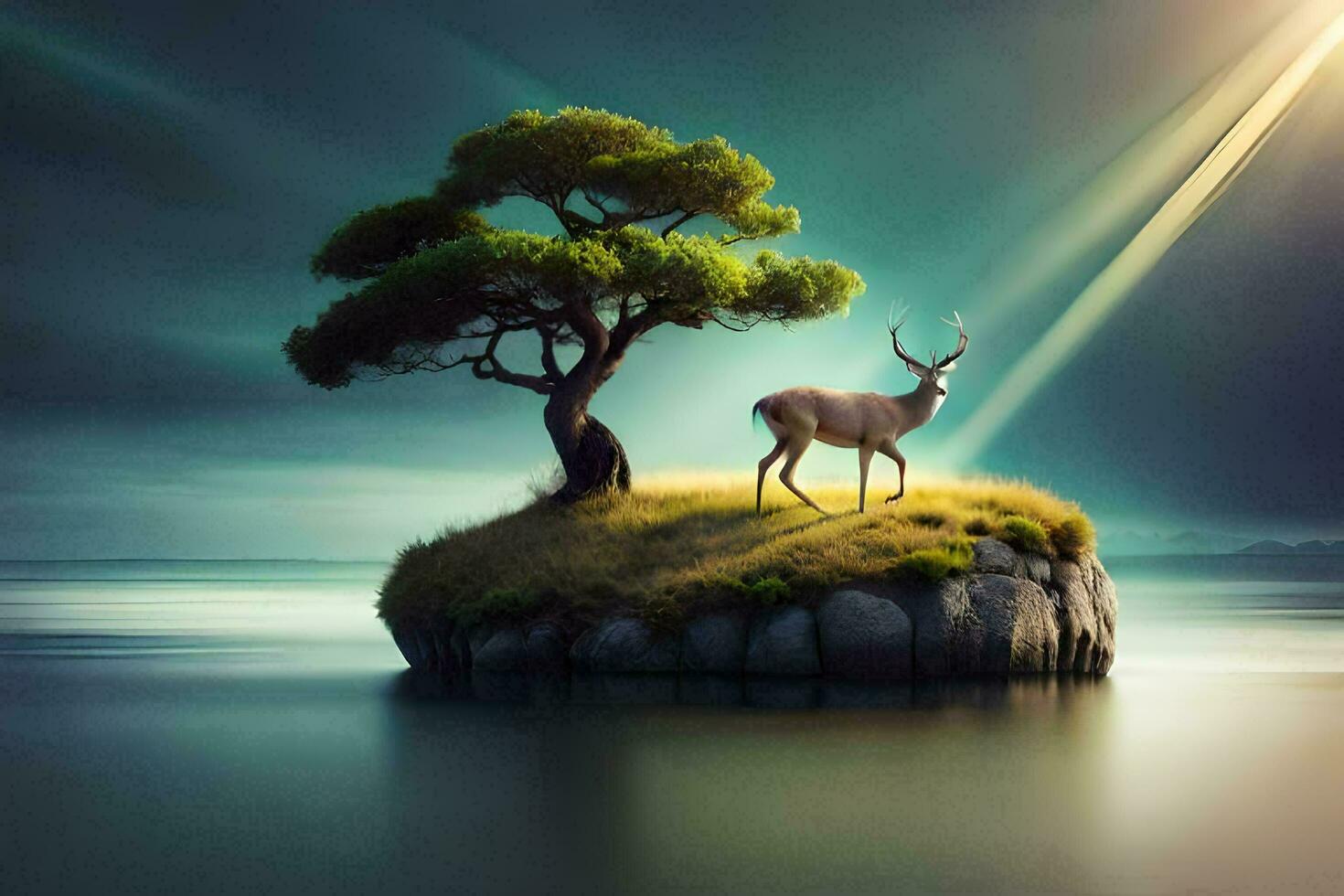 photo wallpaper the sky, tree, deer, water, the sea, the island, the tree. AI-Generated