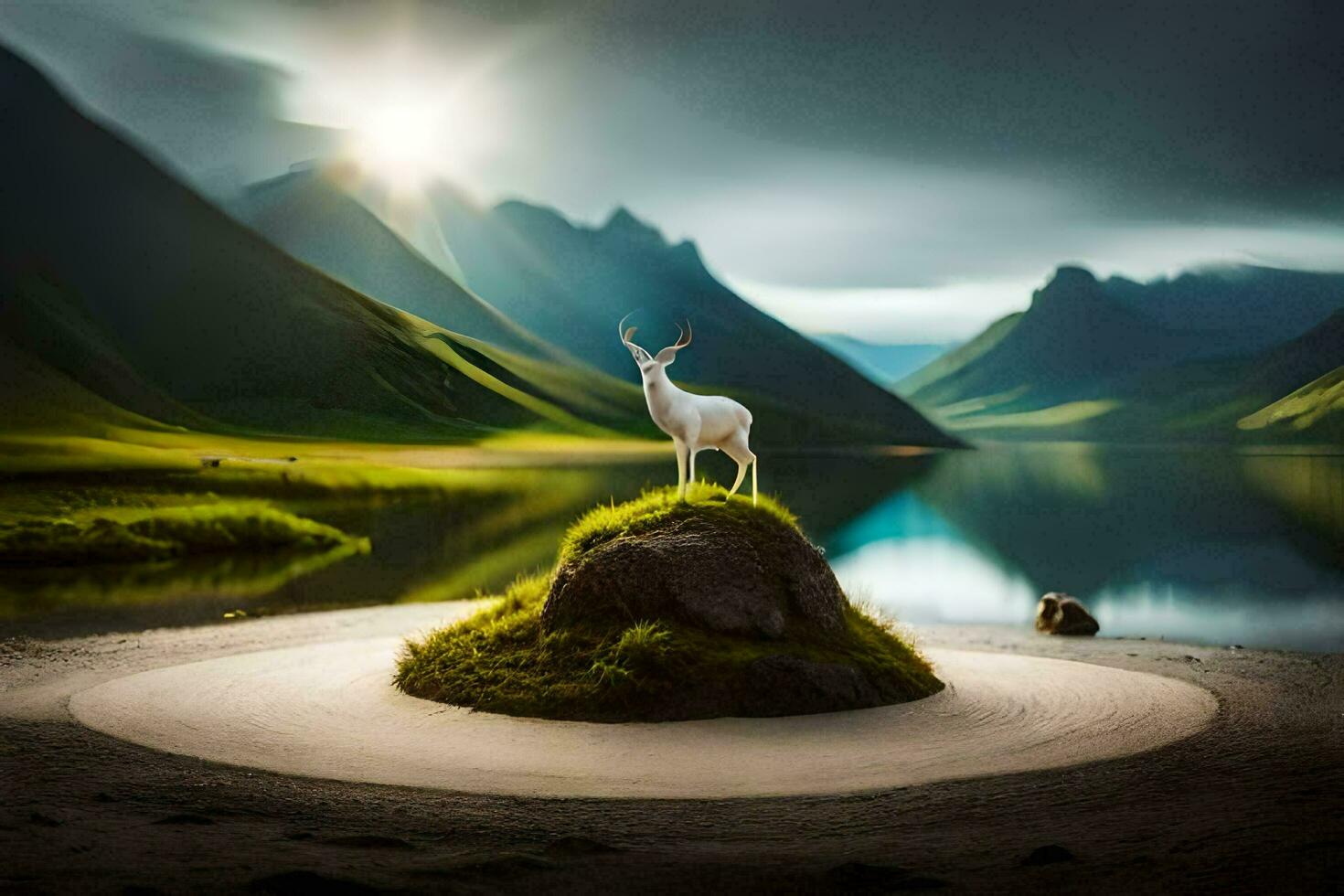 photo wallpaper the sky, mountains, water, deer, the sun, the moon, the sun. AI-Generated