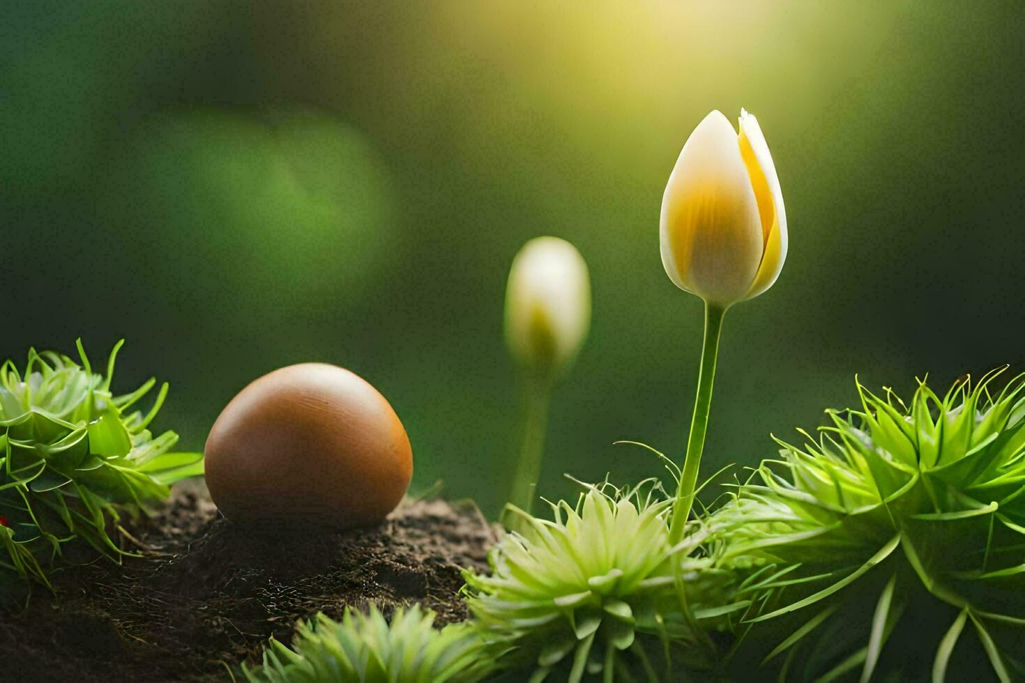 un huevo y un tulipán son en el césped. generado por ai foto
