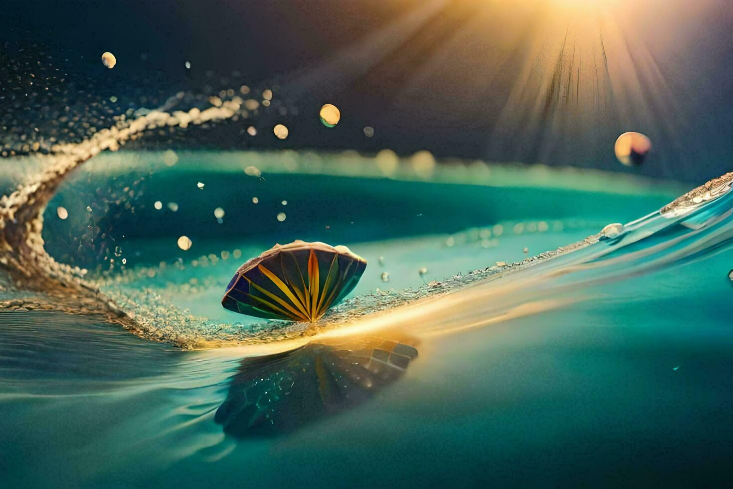 a shell is floating in the water with a sun shining. AI-Generated photo
