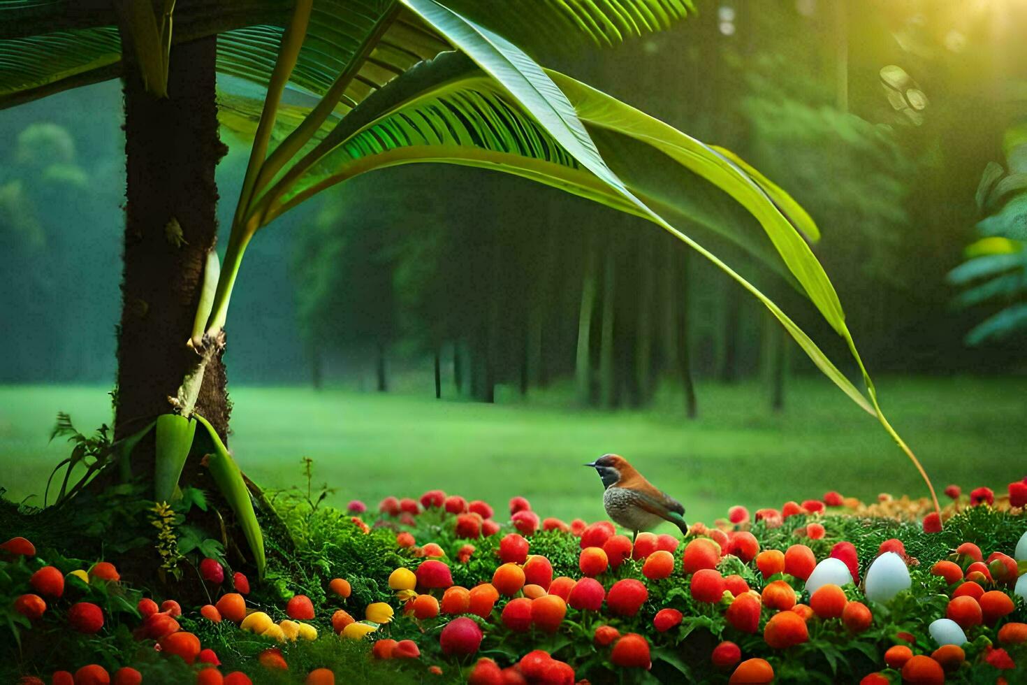 the bird is standing on the grass in front of the flowers. AI-Generated photo