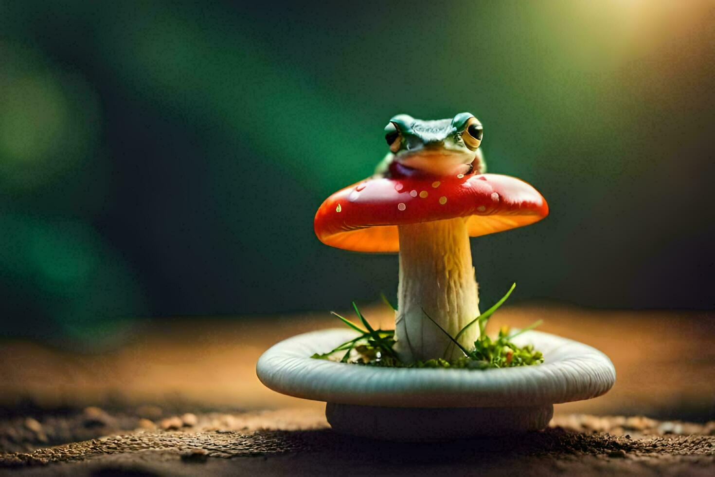 a frog sits on top of a mushroom. AI-Generated photo
