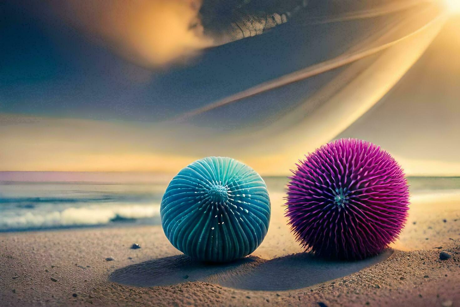 two colorful balls on the beach. AI-Generated photo
