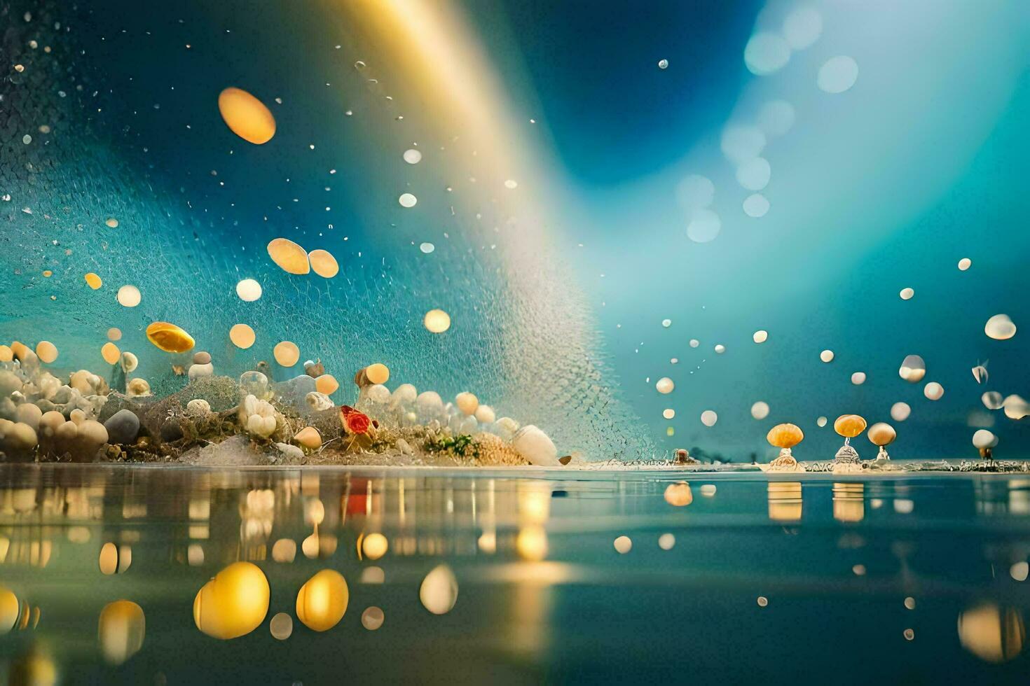 a colorful scene with bubbles floating in the water. AI-Generated photo
