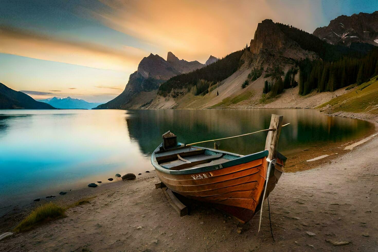 a boat sits on the shore of a lake at sunset. AI-Generated photo