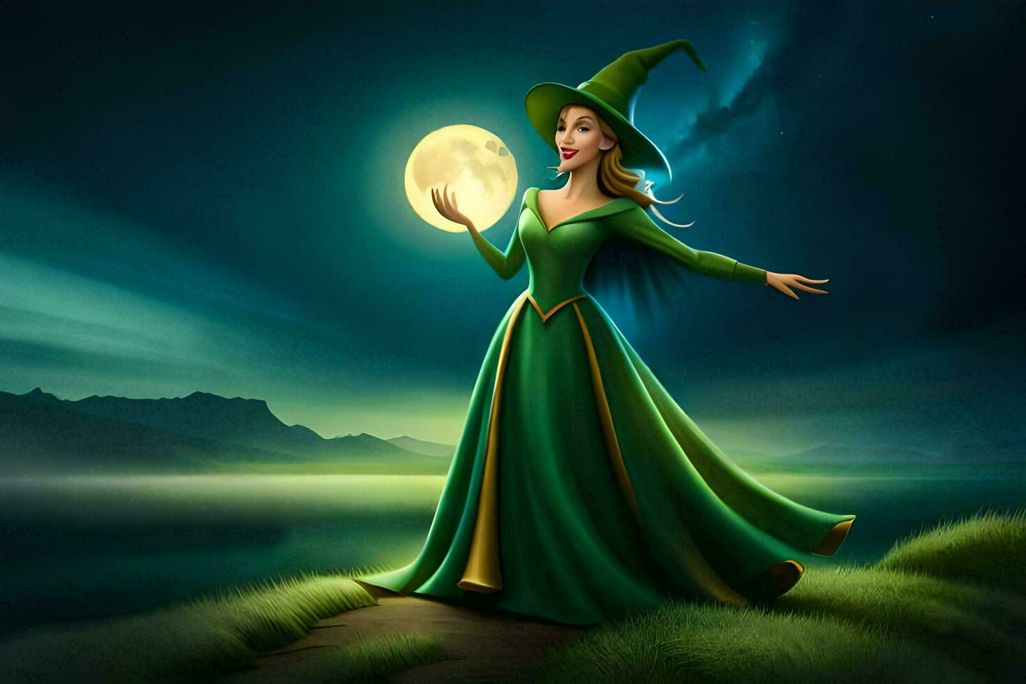 a woman in green dress holding a full moon. AI-Generated photo