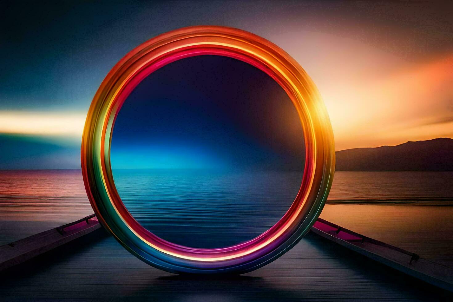 a circular mirror with a rainbow light in the middle. AI-Generated photo