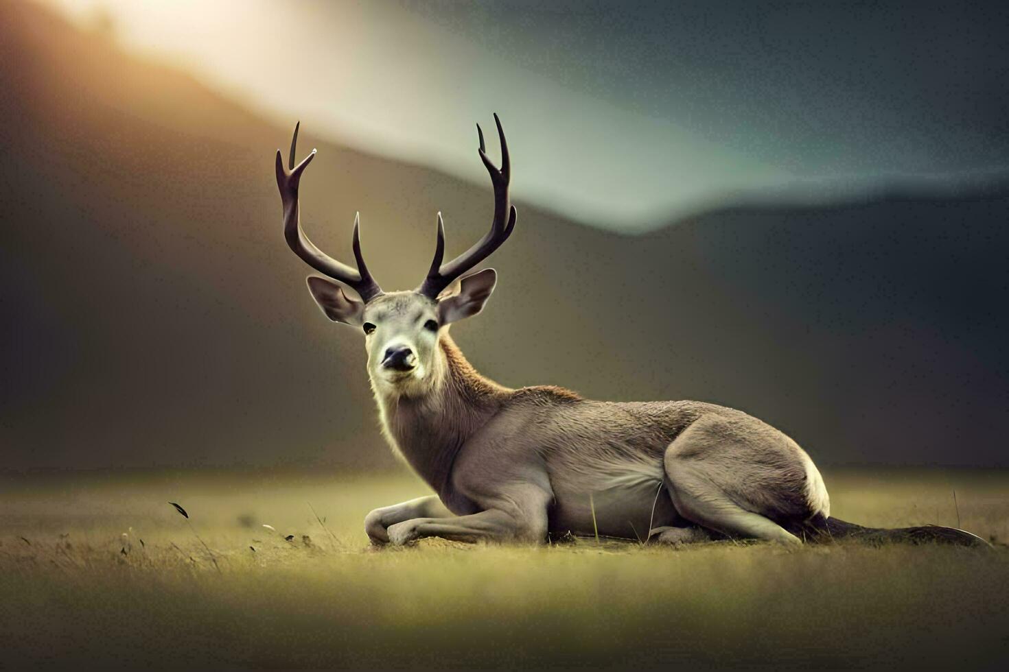a deer with horns sitting in the grass. AI-Generated photo