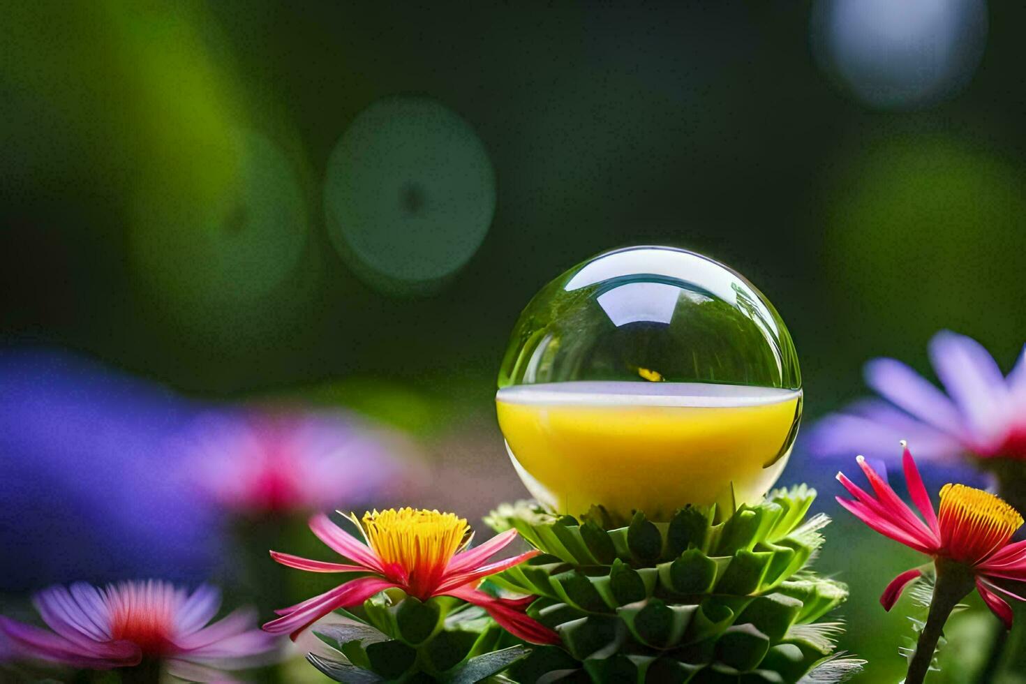 a glass ball with a yellow liquid inside sits on top of a plant. AI-Generated photo