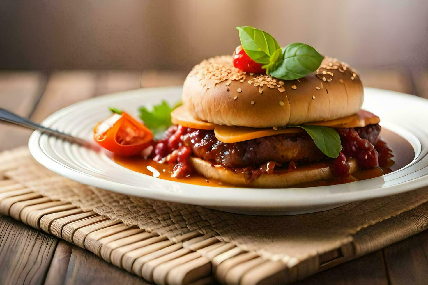 a hamburger with tomato sauce and cheese on a white plate. AI-Generated photo