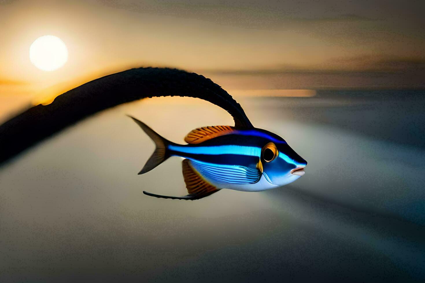 un pescado con un largo cola es mostrado en el puesta de sol. generado por ai foto