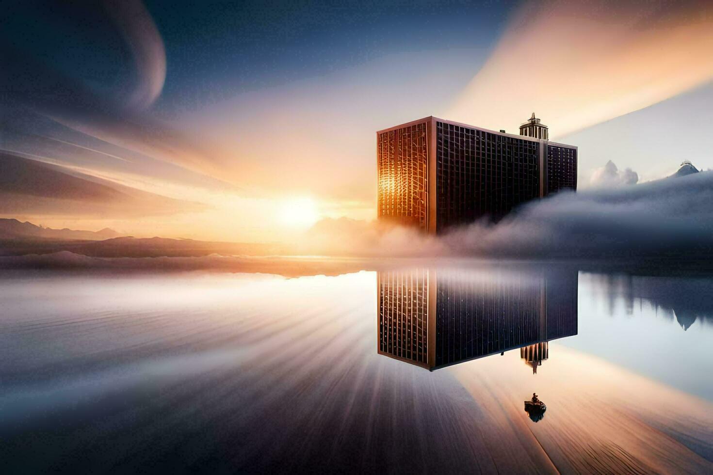 a building in the middle of a lake with clouds. AI-Generated photo