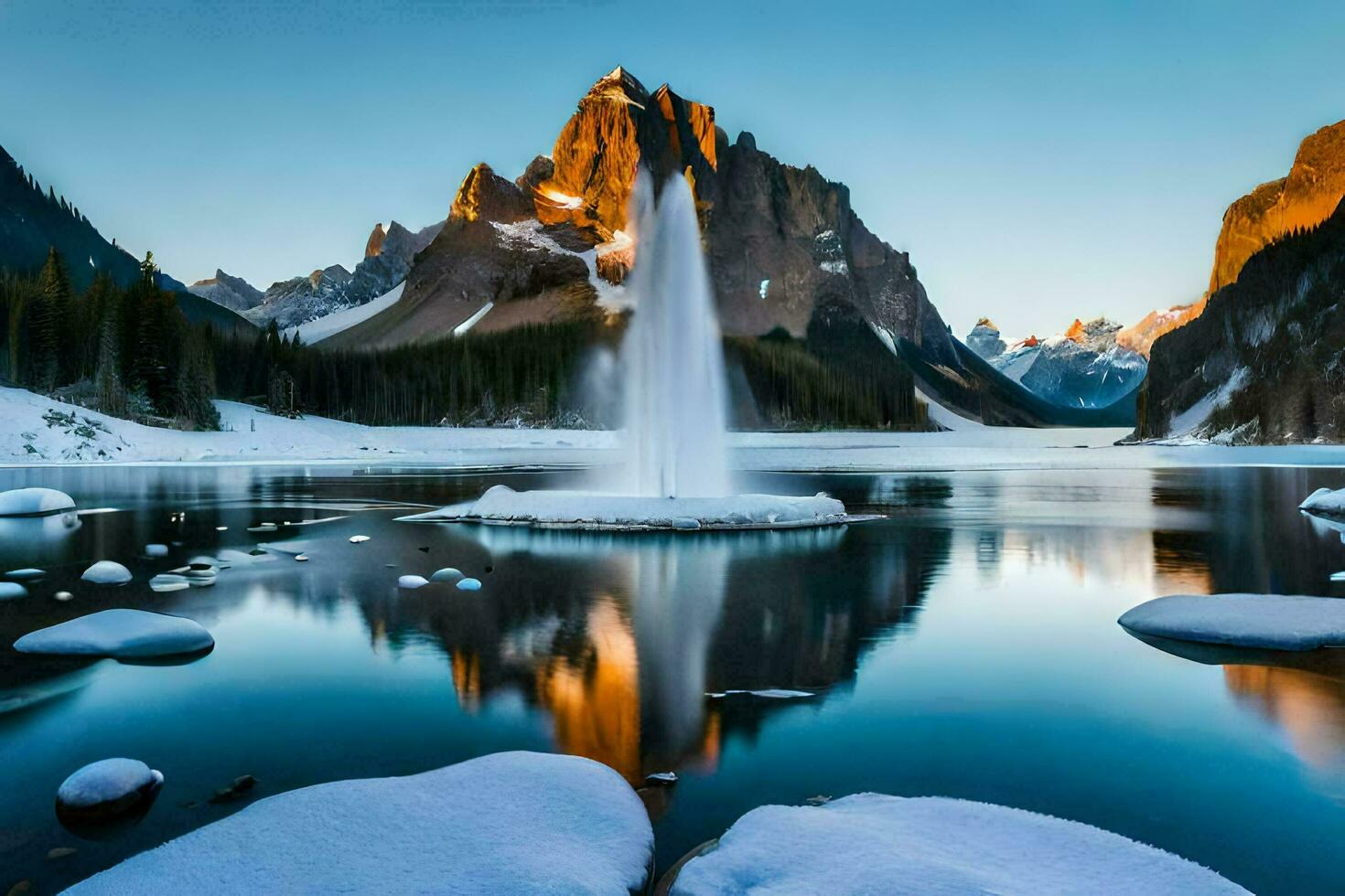 un fuente en el nieve con montañas en el antecedentes. generado por ai foto