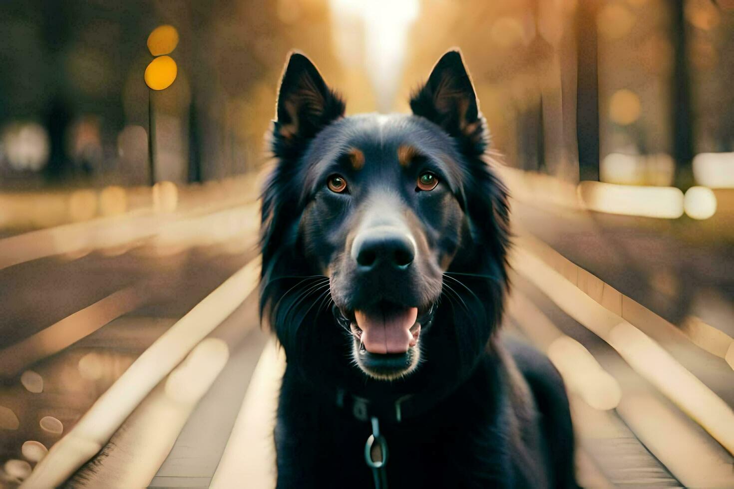 a black dog sitting on a train track. AI-Generated photo