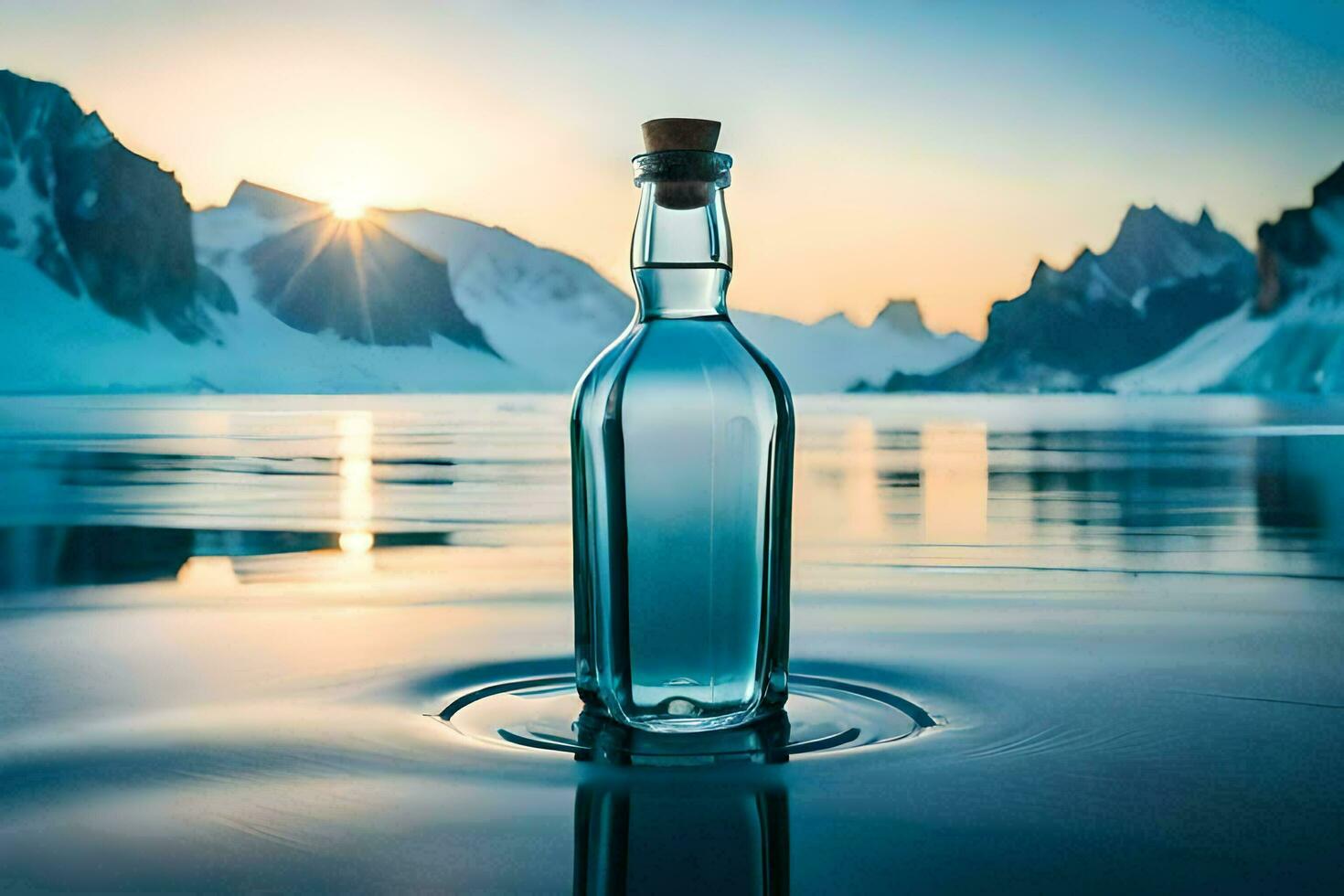 un botella de agua se sienta en el agua con montañas en el antecedentes. generado por ai foto