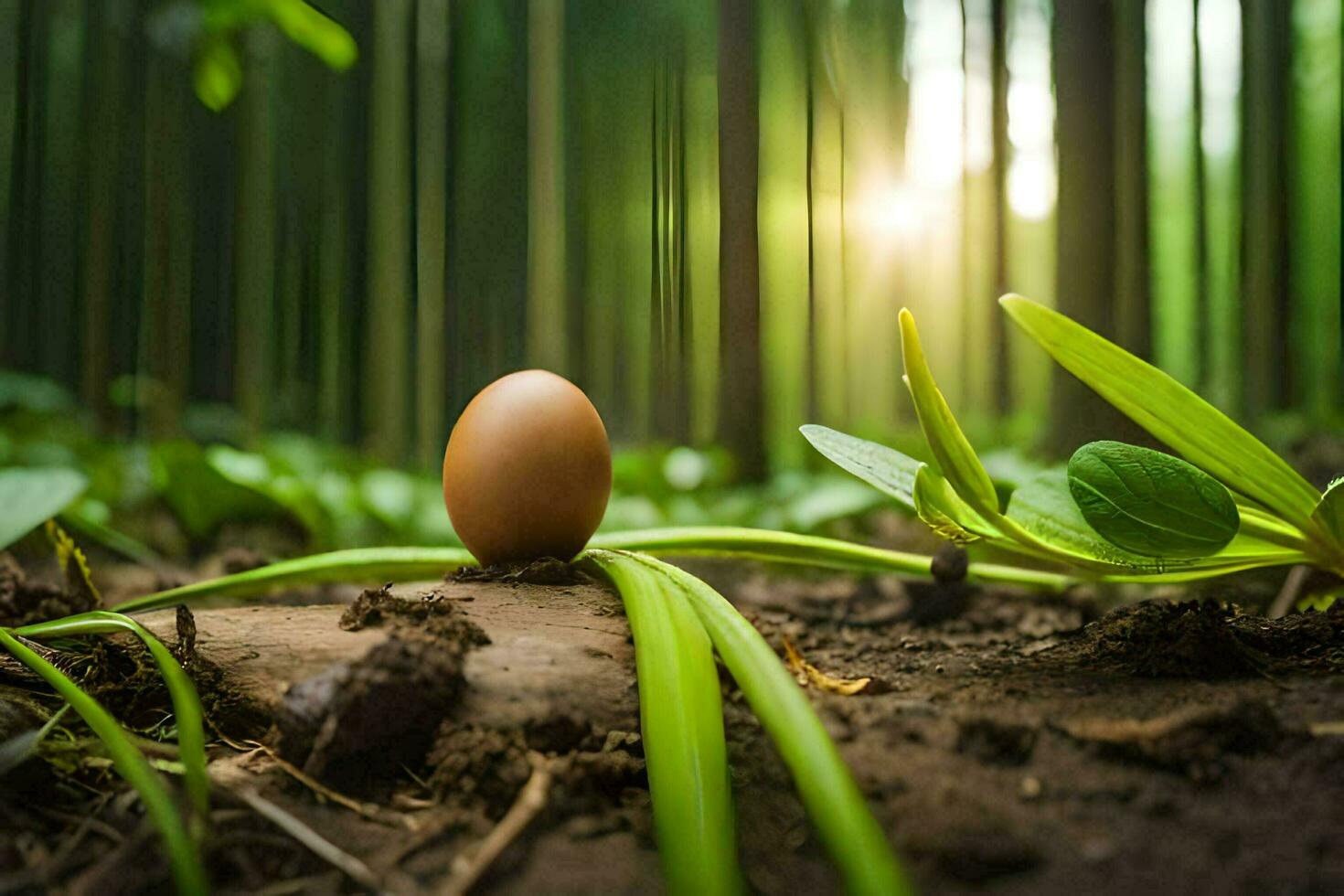 an egg is sitting on the ground in a bamboo forest. AI-Generated photo