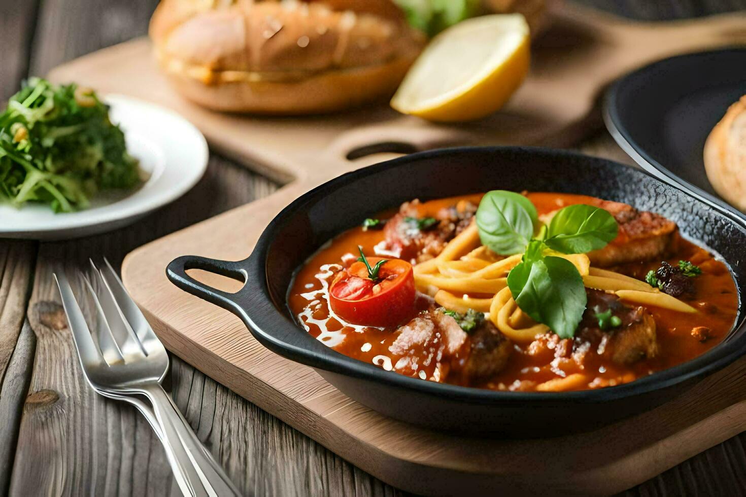 a bowl of pasta with meat and vegetables on a wooden table. AI-Generated photo