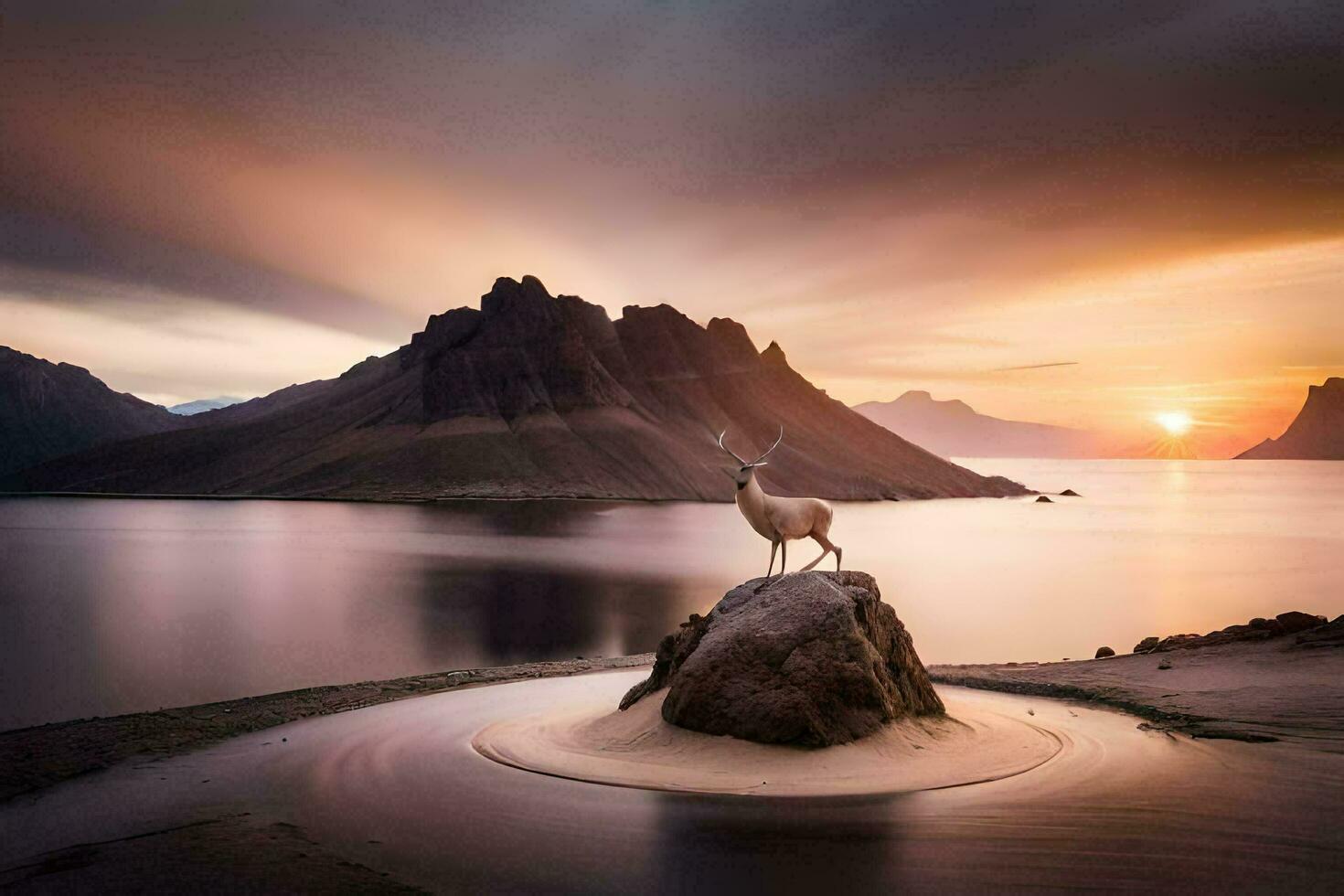 a deer stands on a rock in front of a lake at sunset. AI-Generated photo