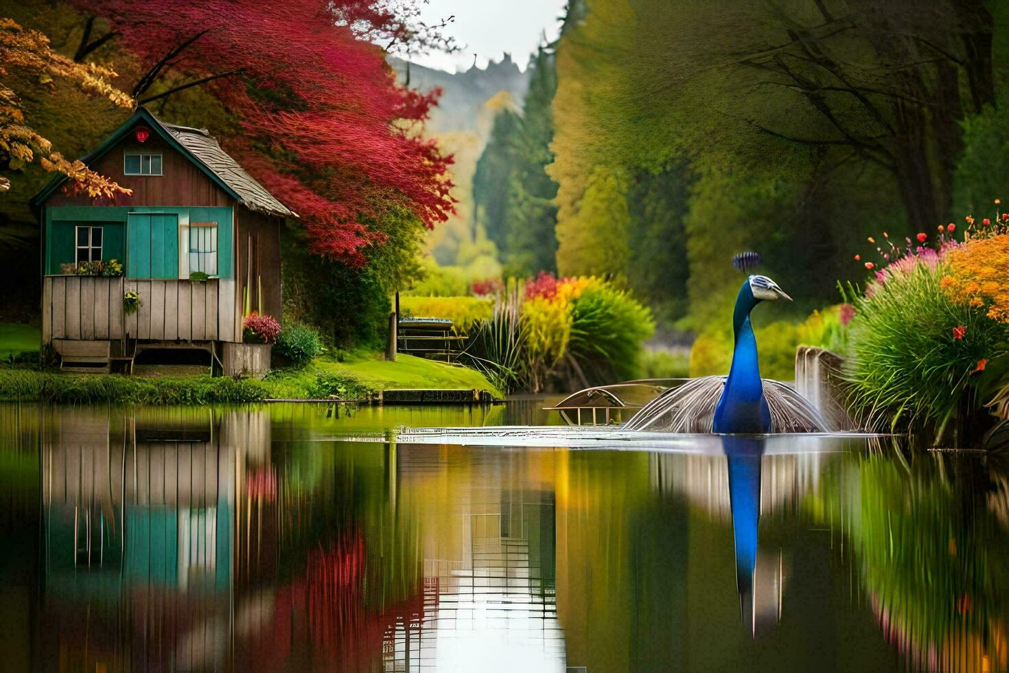 a peacock is standing in the water near a house. AI-Generated photo