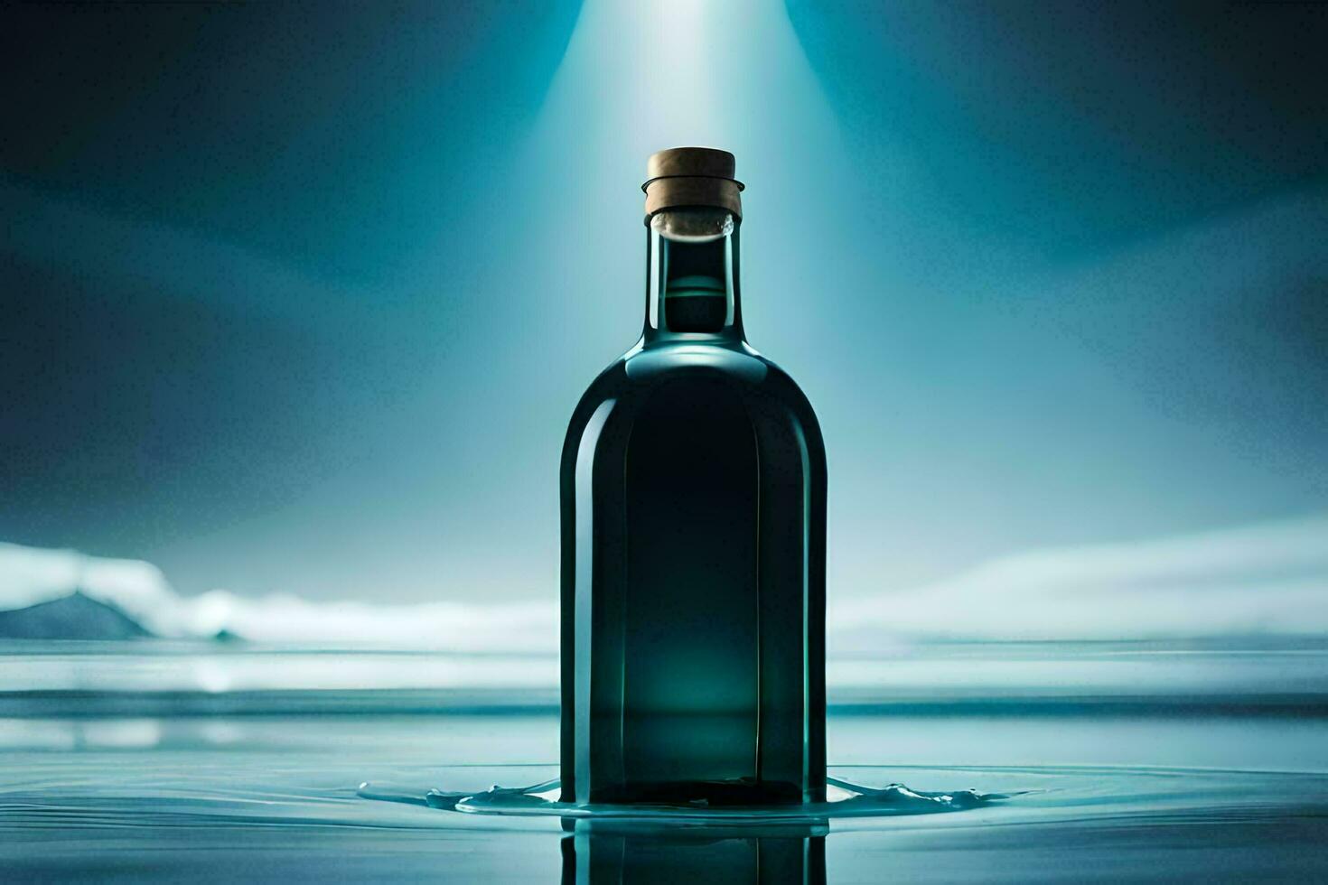 a bottle of blue liquid sitting on the surface of water. AI-Generated photo