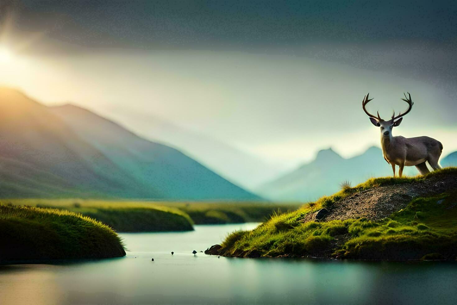 a deer stands on a hill overlooking a river. AI-Generated photo