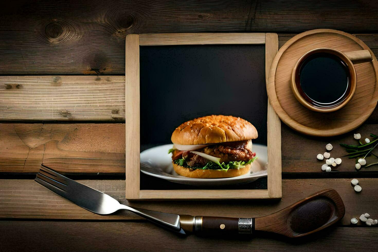 a hamburger and a cup of coffee on a wooden table. AI-Generated photo