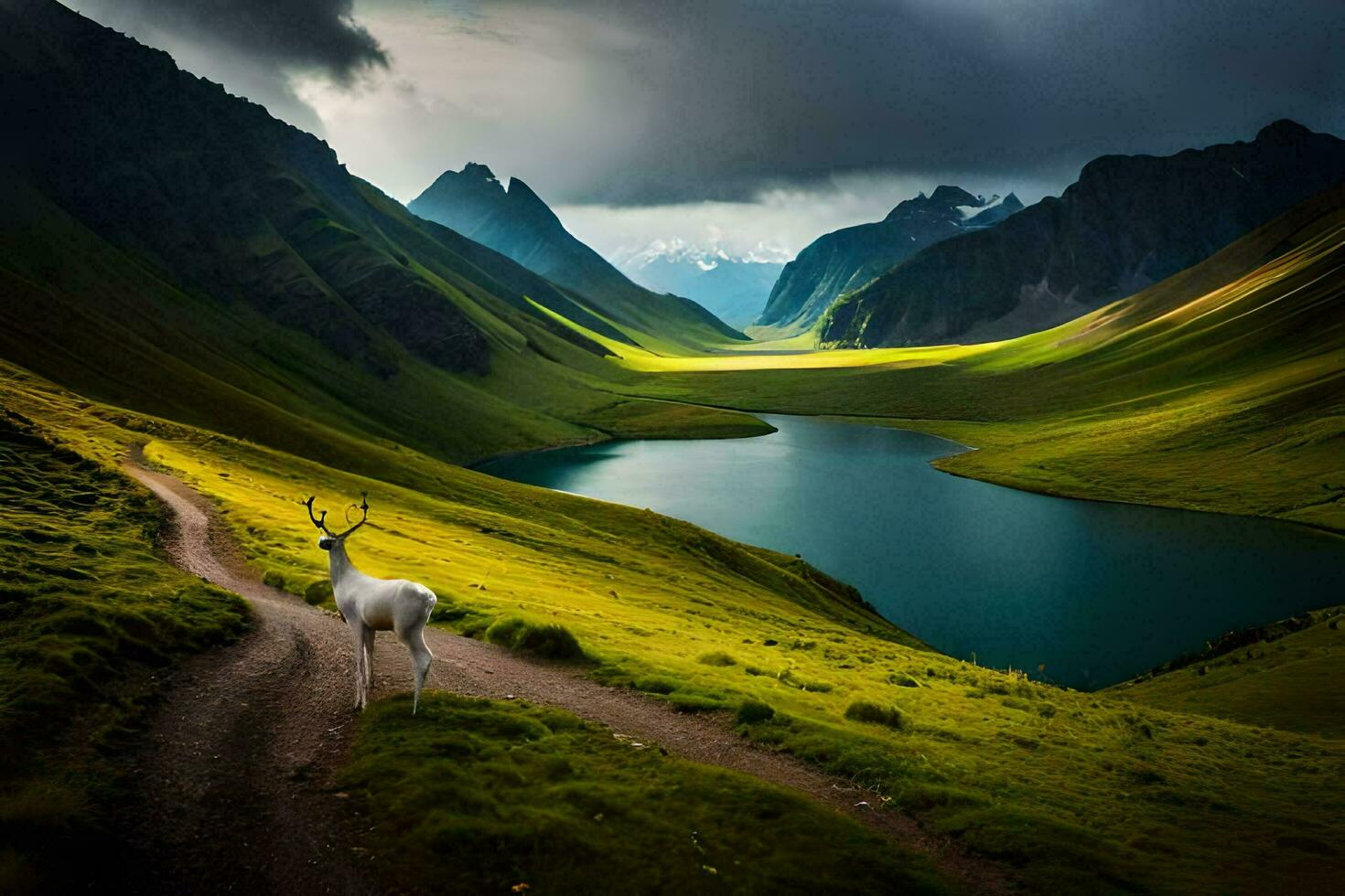 a deer stands on the road in front of a lake. AI-Generated photo