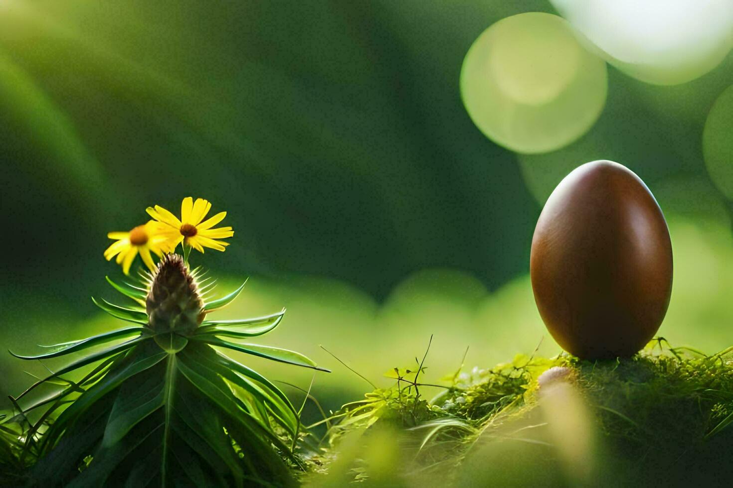 a brown egg is sitting on a mossy green grass. AI-Generated photo