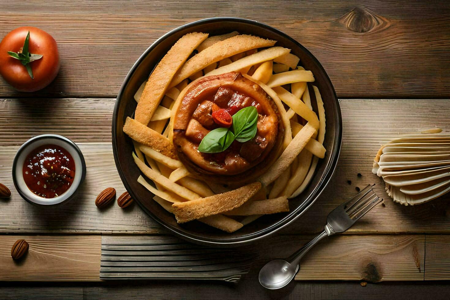 french fries and tomato sauce in a bowl. AI-Generated photo