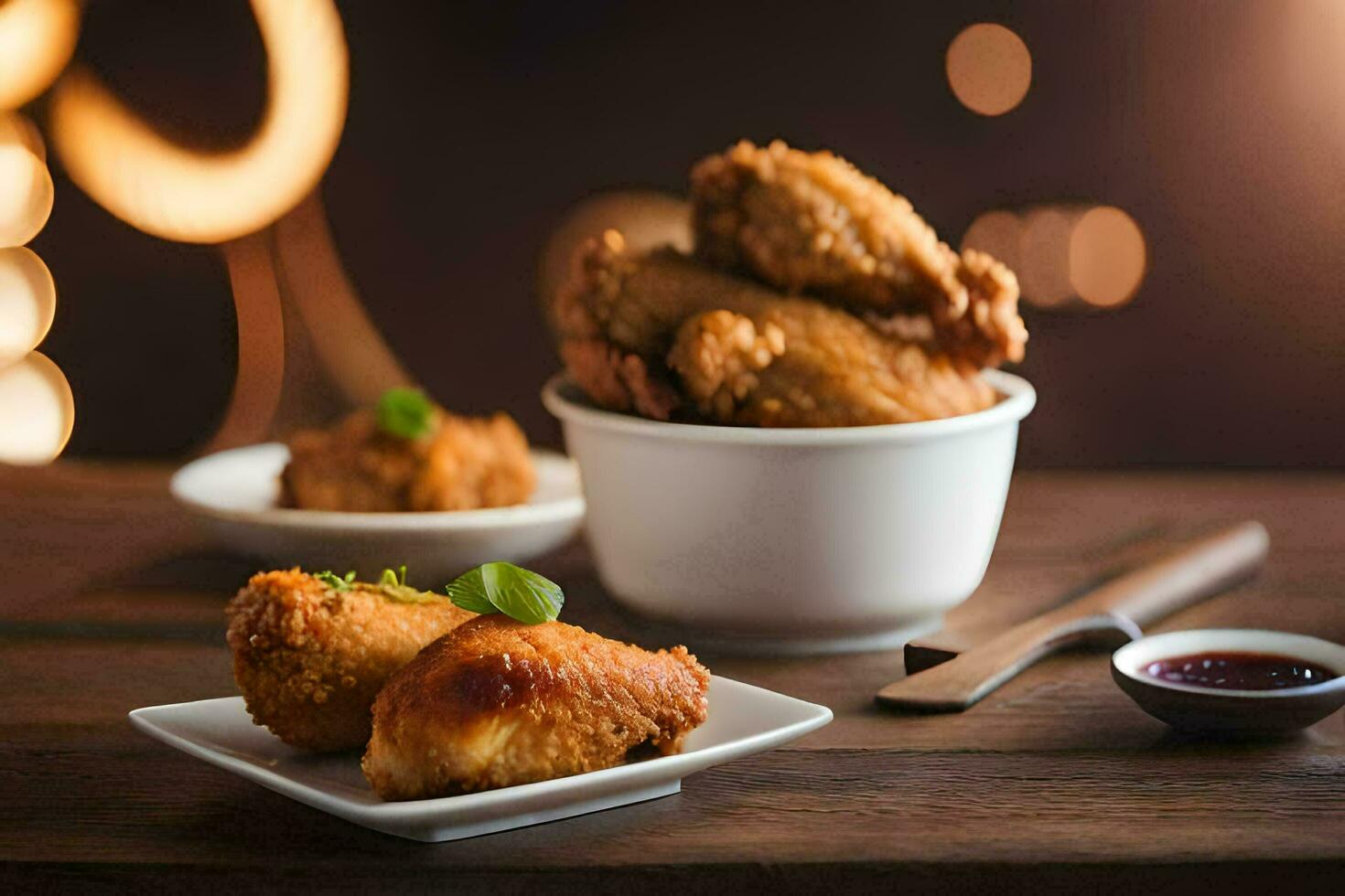 chicken wings on a plate with sauce and a fork. AI-Generated photo