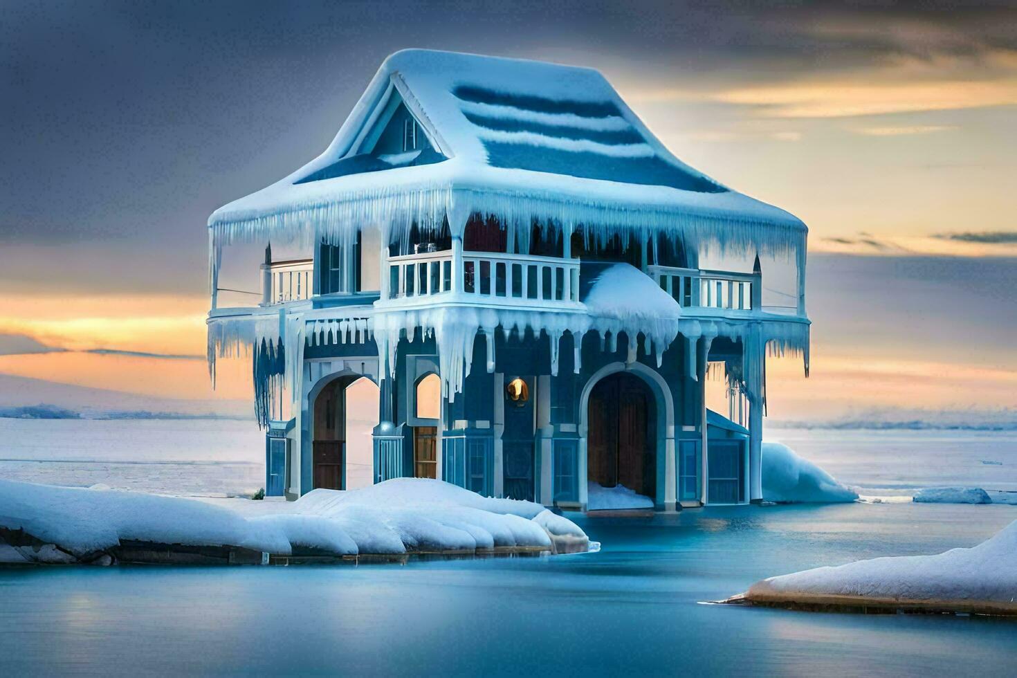a small house in the middle of a frozen lake. AI-Generated photo