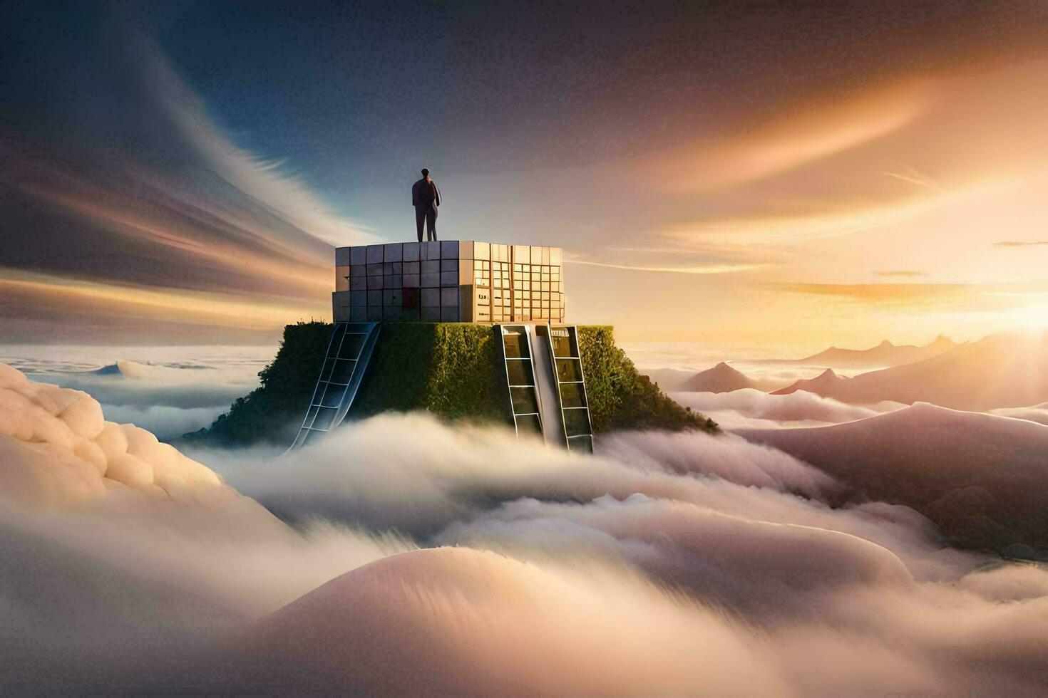 a man standing on top of a building in the clouds. AI-Generated photo