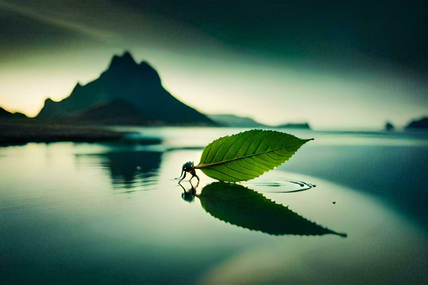 a leaf is sitting on the water with a mountain in the background. AI-Generated photo