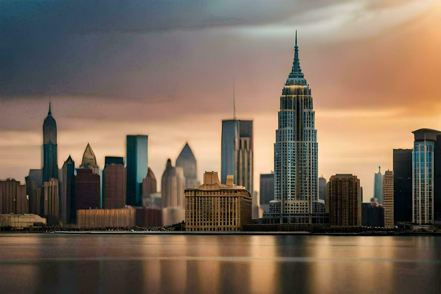 the manhattan skyline at sunset. AI-Generated photo