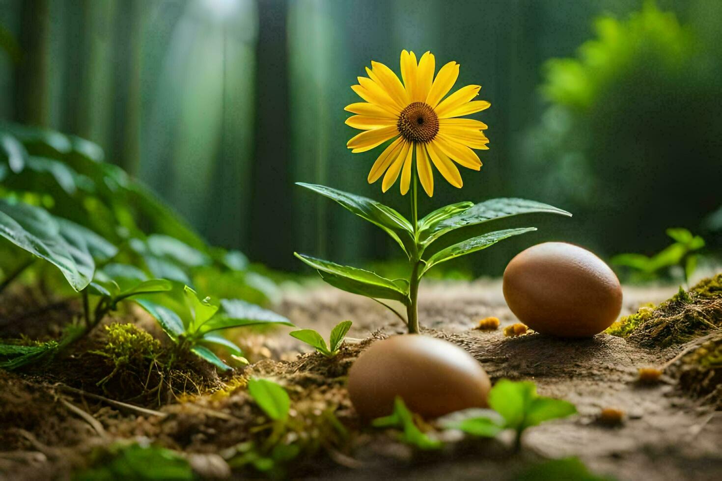 a yellow flower and two eggs in the forest. AI-Generated photo