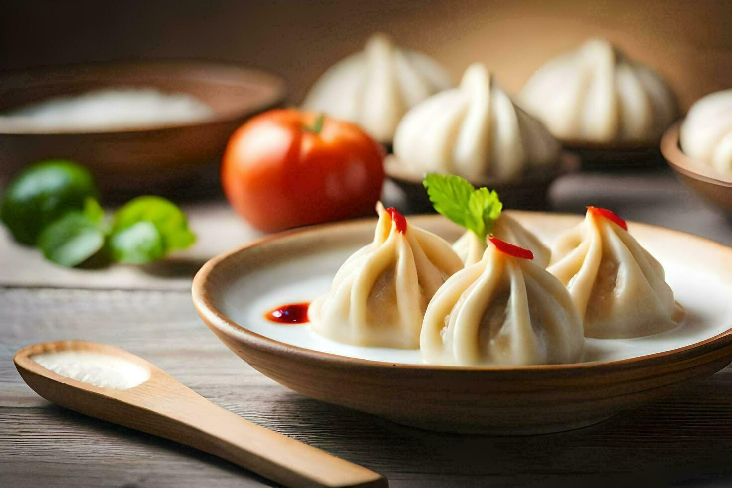 dumplings in a bowl with a spoon and a tomato. AI-Generated photo
