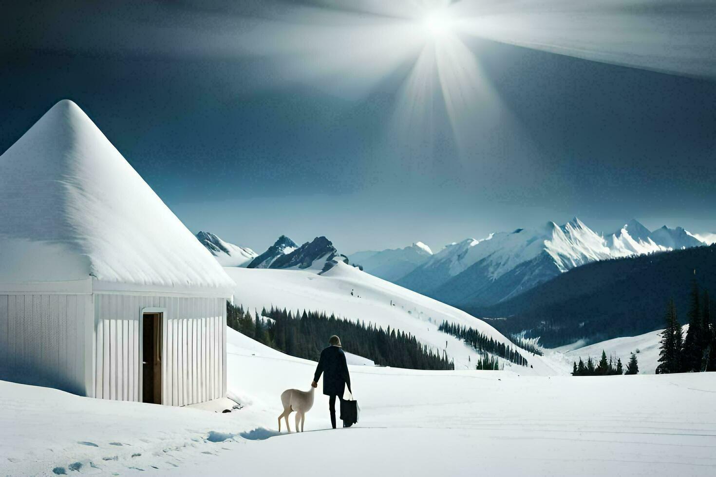 a man and his dog walk in the snow near a small cabin. AI-Generated photo