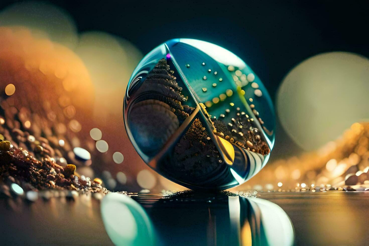 a glass ball with a reflection of water. AI-Generated photo