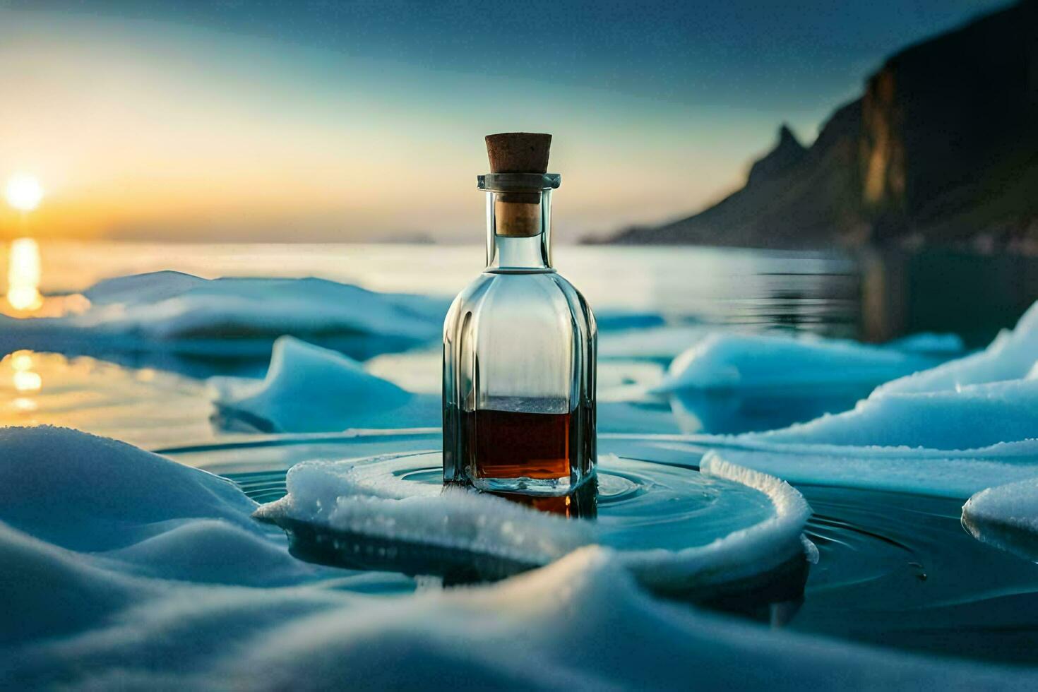 a bottle of whiskey in the middle of an iceberg. AI-Generated photo