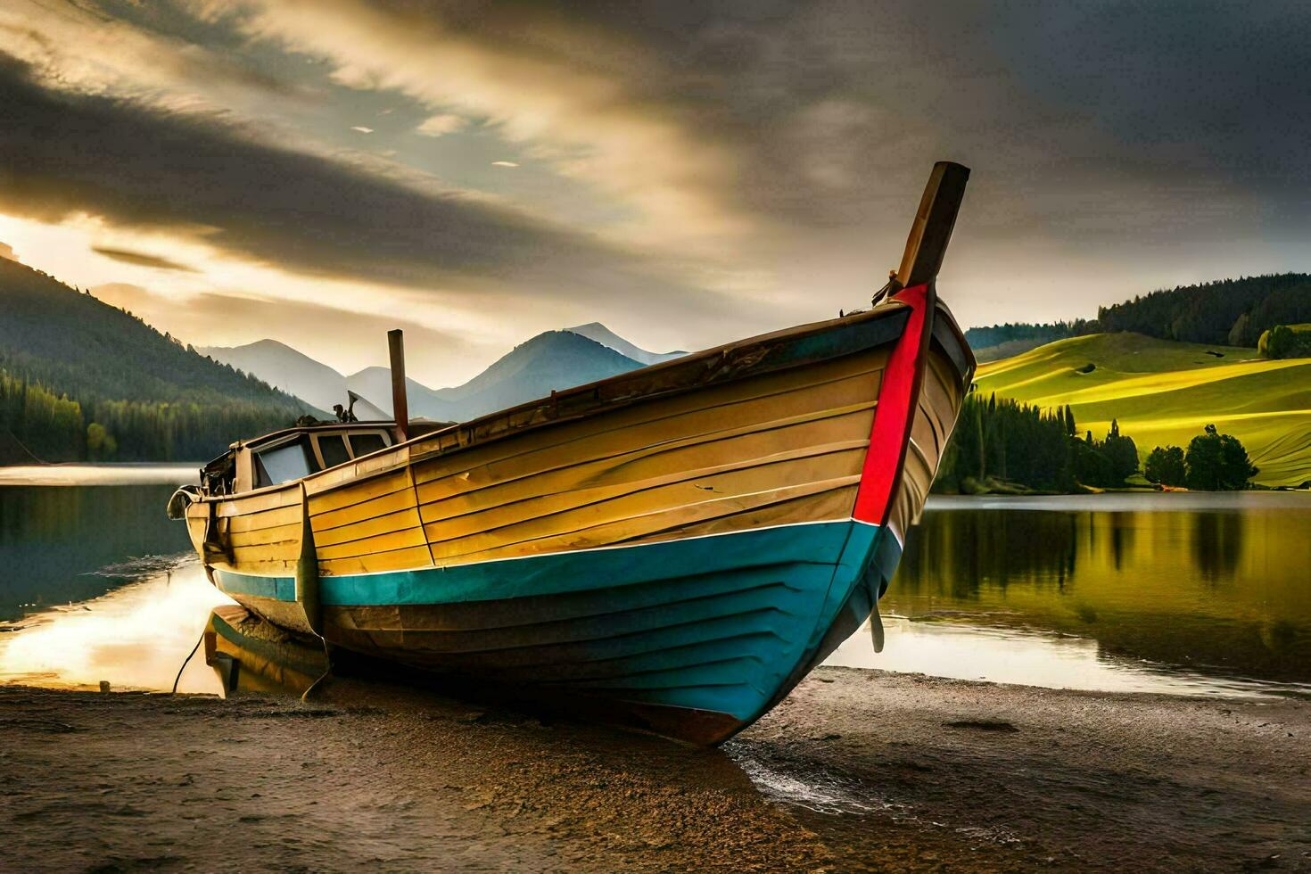 a boat sits on the shore of a lake. AI-Generated photo