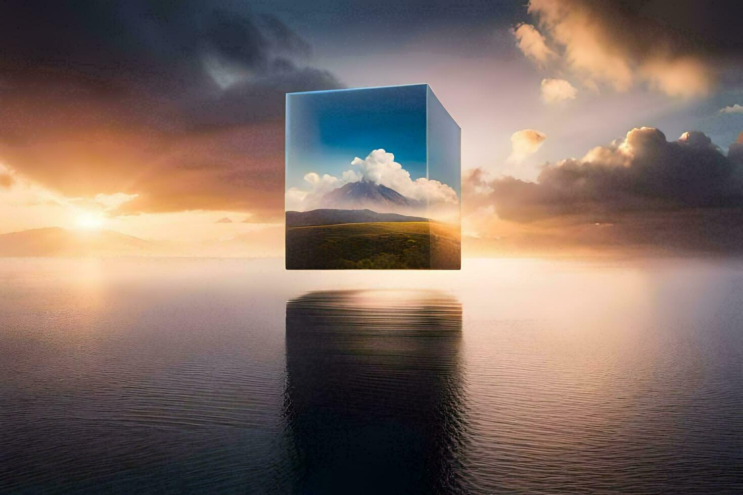 a cube floating in the ocean with a mountain in the sky. AI-Generated photo