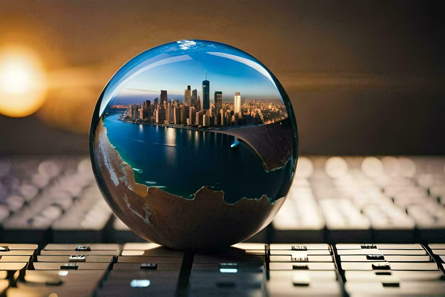 a city in a glass sphere on a keyboard. AI-Generated photo
