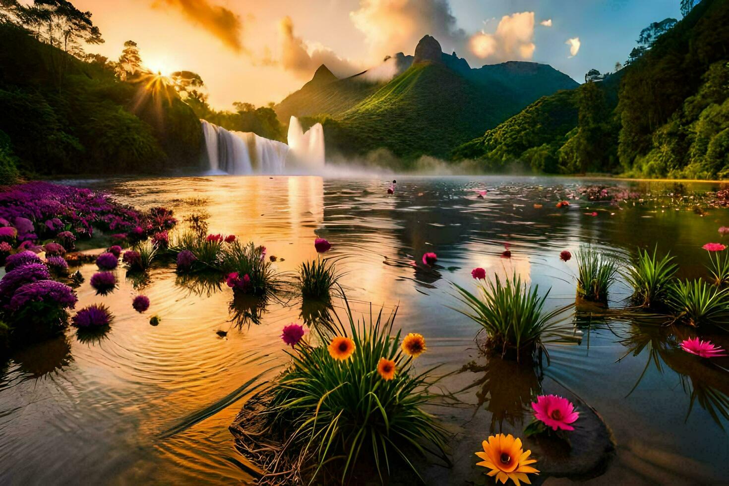 flores en el agua a puesta de sol con montañas en el antecedentes. generado por ai foto