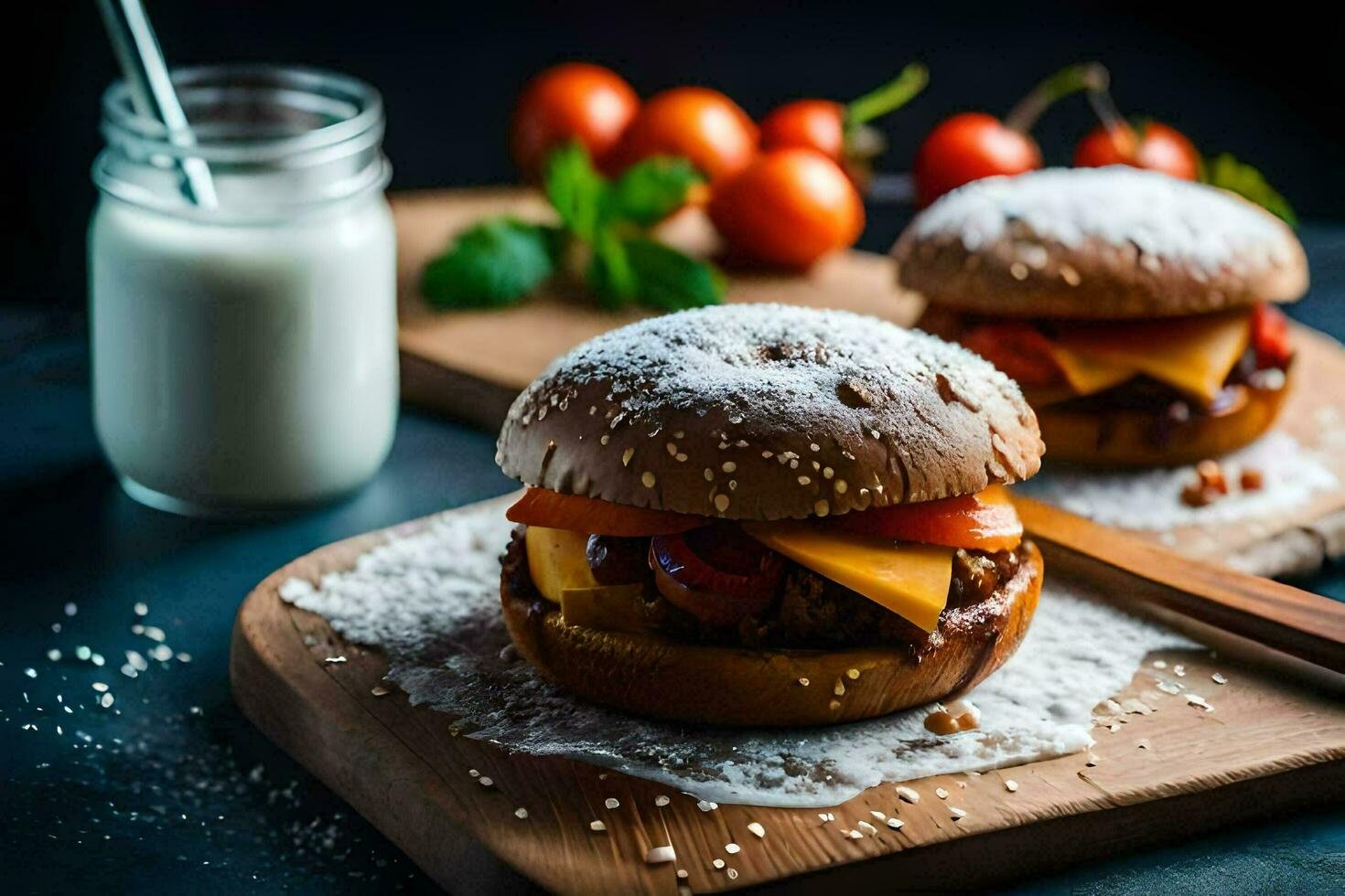 two hamburgers on a cutting board with milk and tomatoes. AI-Generated photo