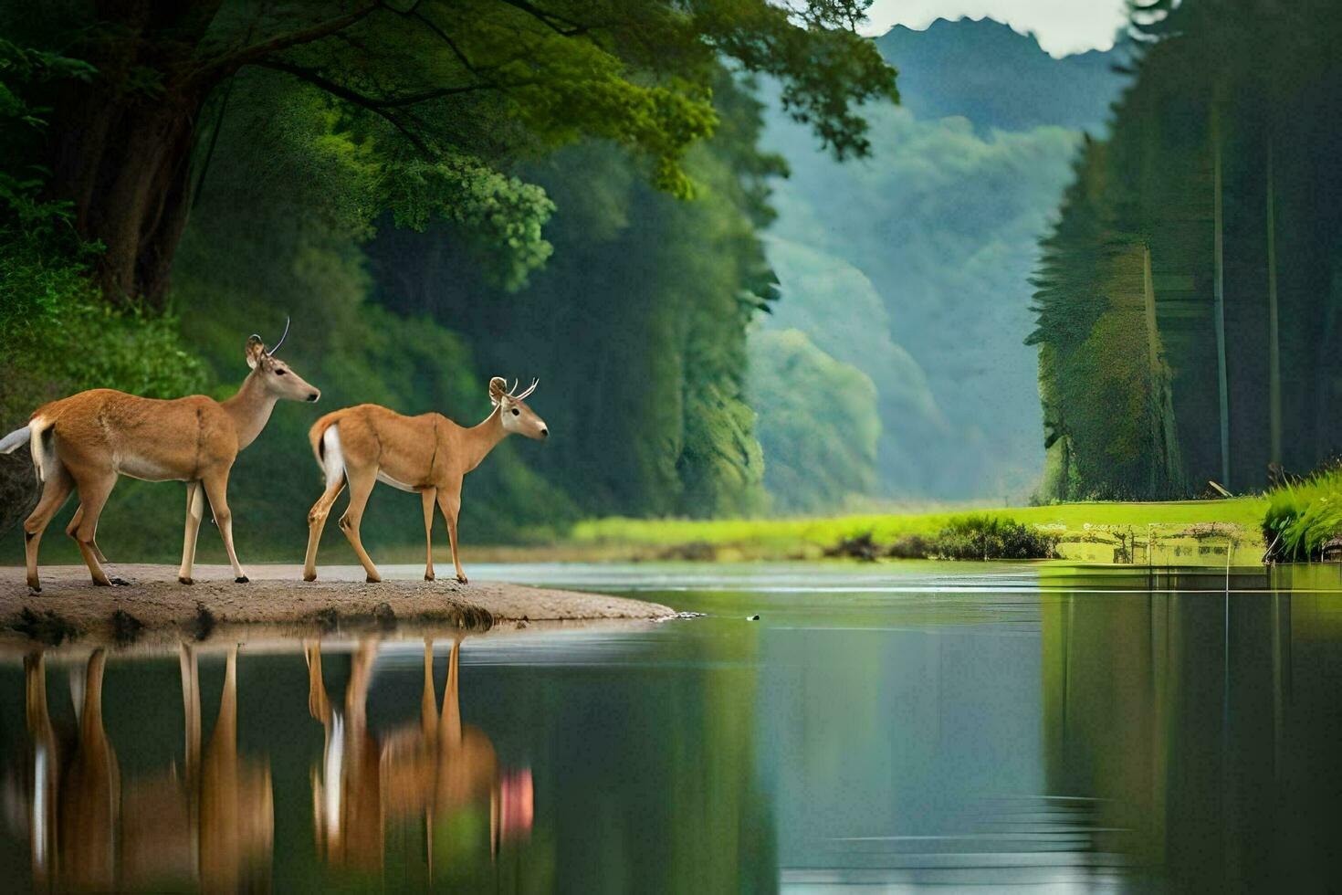 dos ciervo en pie en el banco de un río. generado por ai foto