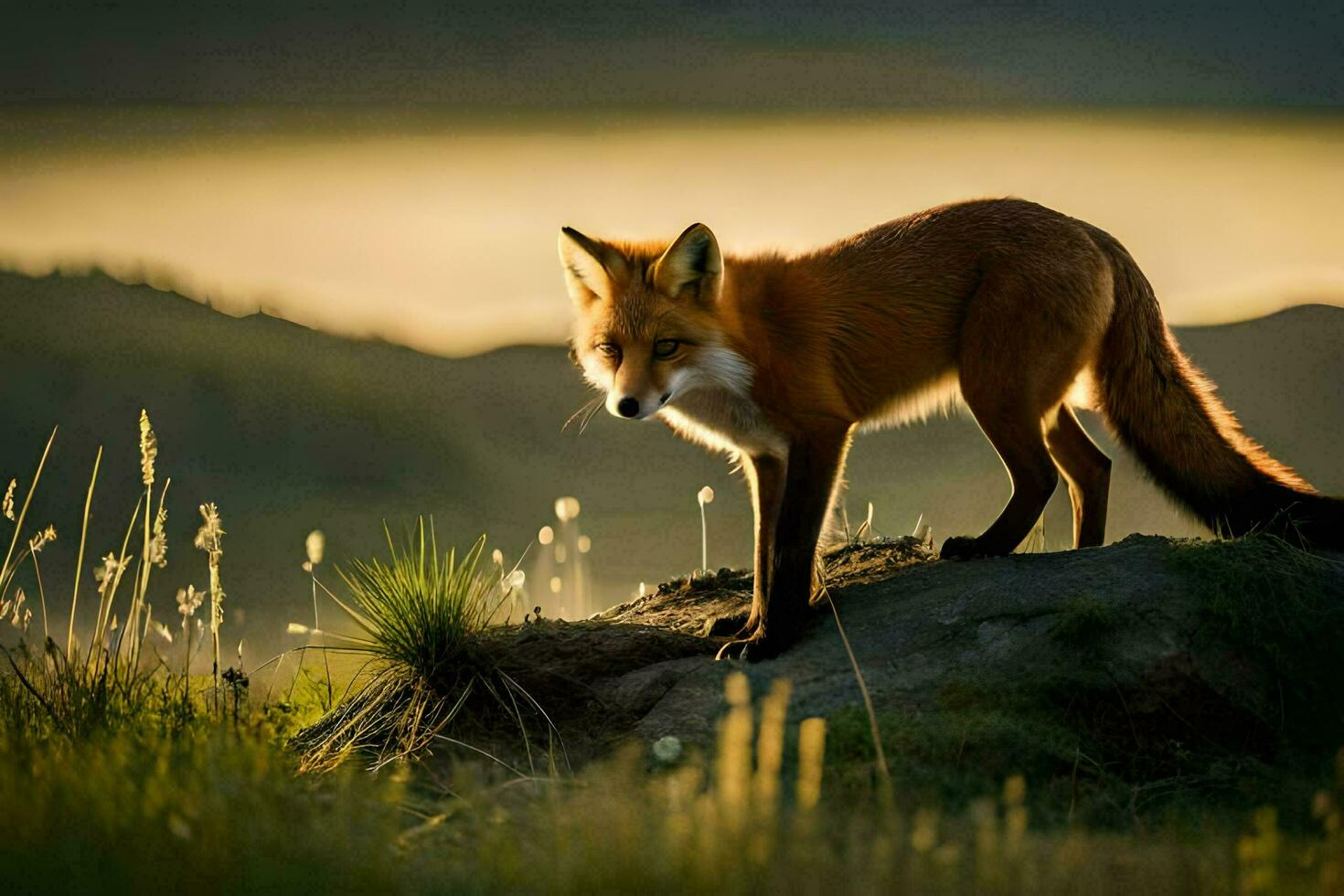 a red fox stands on a rock in the middle of a field. AI-Generated photo