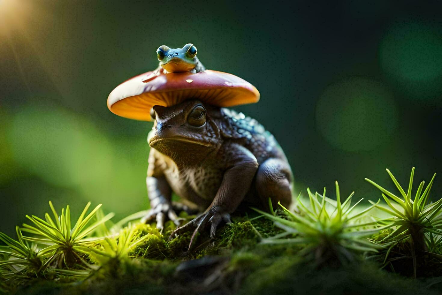 a frog and a toad sitting on top of a mushroom. AI-Generated photo